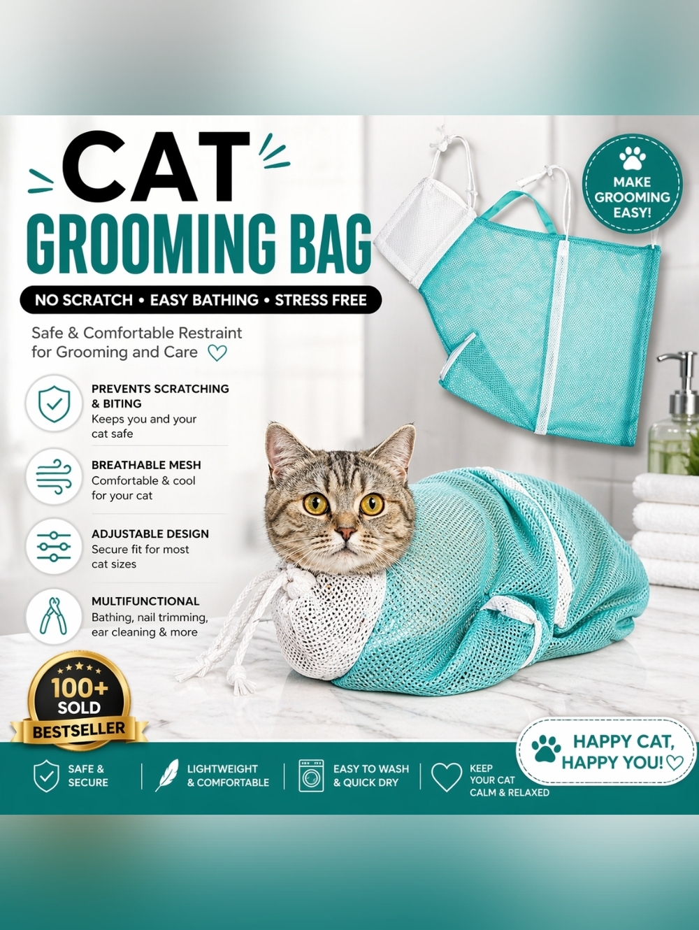 Pet Cat Shower Bag Grooming Net Safe Nail Clipping Bath Helper‎ Adjustable